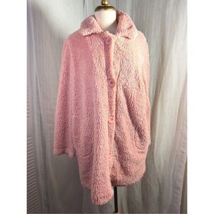 Women's Pink Textured Fluffy Oversized Pea Coat- Size L